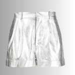 Silver leather shorts front view"