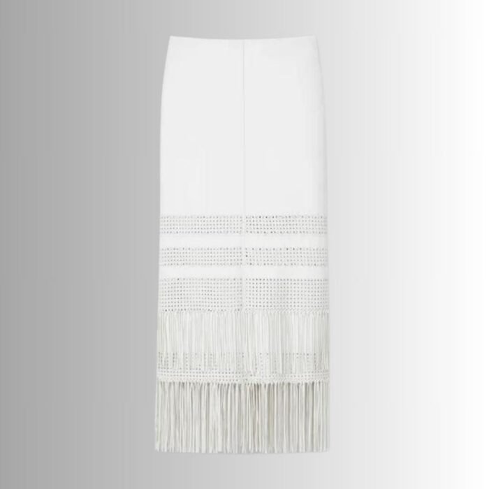 White Leather Fringe Skirt - Full View