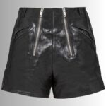 Women's Black Leather Shorts - Front View