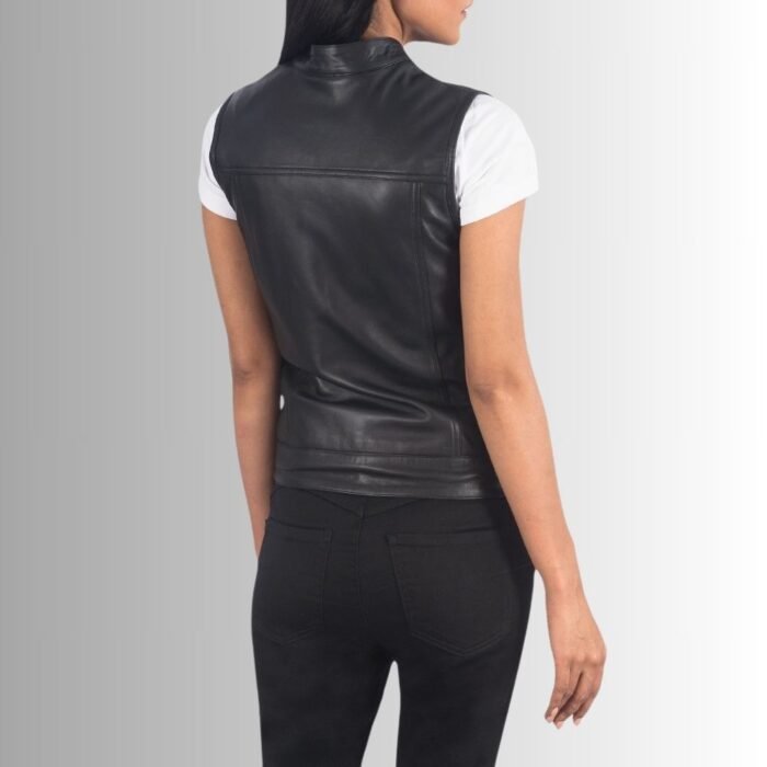 Women's Black Leather Vest - Back View