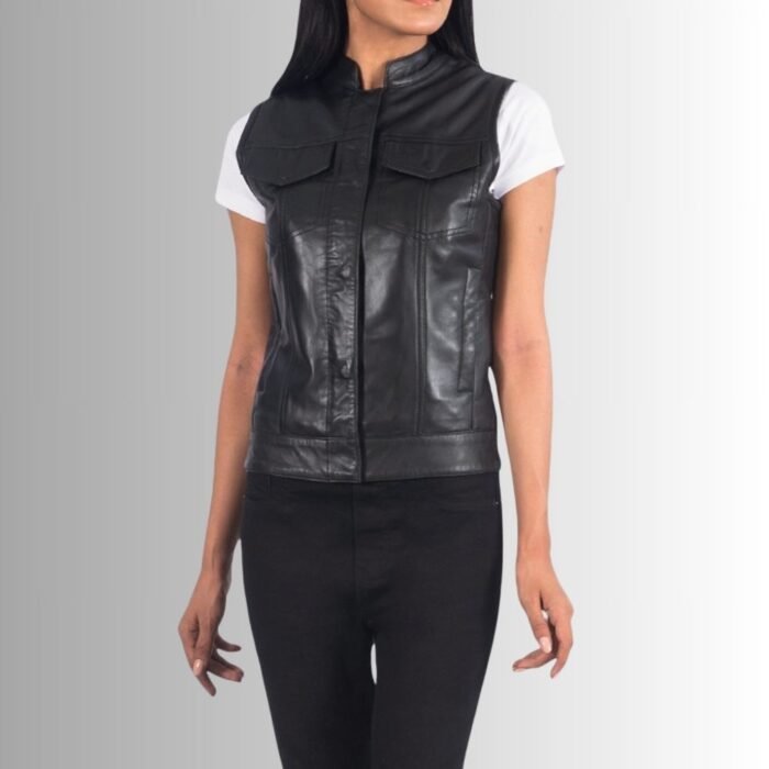 Women's Black Leather Vest - Close-Up