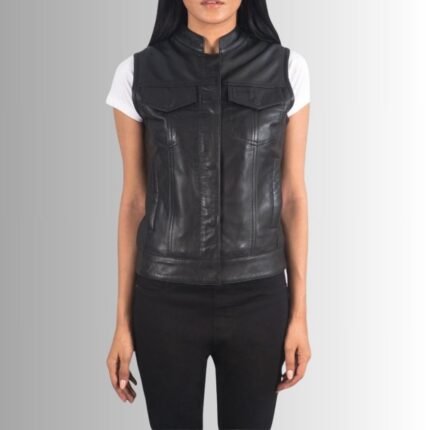 Women's Black Leather Vest - Front View