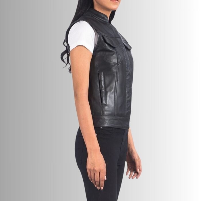 Women's Black Leather Vest - Side View