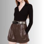 Women's Brown Leather Shorts - Close-Up
