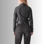 Women's cropped leather biker jacket-back view