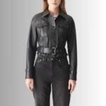 Women's cropped leather biker jacket- front view 1