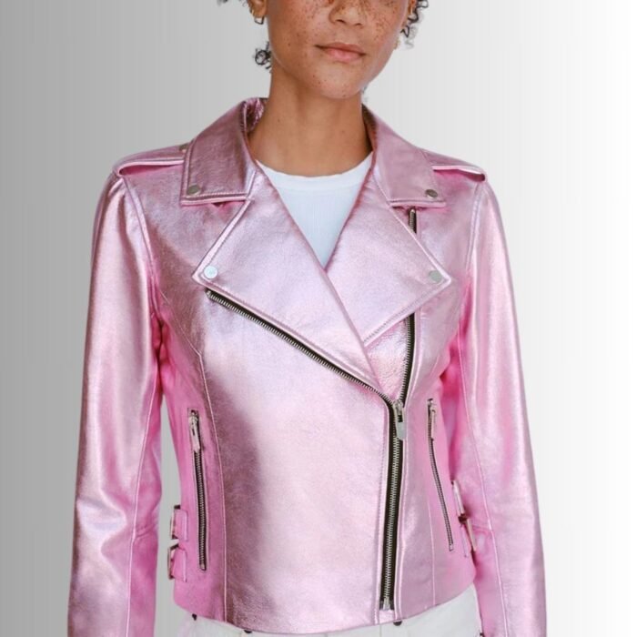 Pink Metallic Leather Jacket For Women-close view