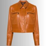 Cropped brown leather jacket-front view 1