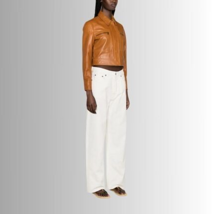 Cropped brown leather jacket-side view